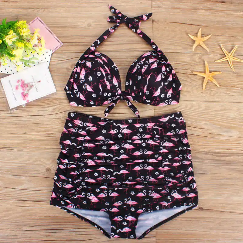 

High Waist Bikini 2018 Flamingo Printed Swimwear Push Up Swimsuit Floral Bath Suits Scrunch Biquini Halter Bikinis Bow Beachwear