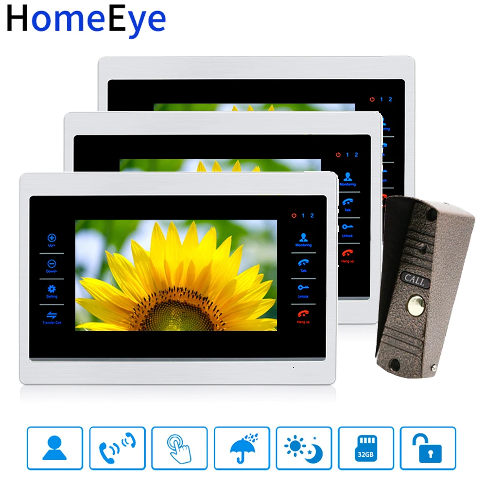 HomeEye 7'' Video Doorbell Video Door Phone Intercom Motion Detection Voice Message OSD Menu Touch Button Video Record Unlocking