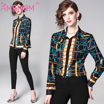 

2019 New Floral Printed OL Work Blouses New Fall Female Regular Shirts Casual Single Breasted Womens Spring Print Blouses AMBMCM