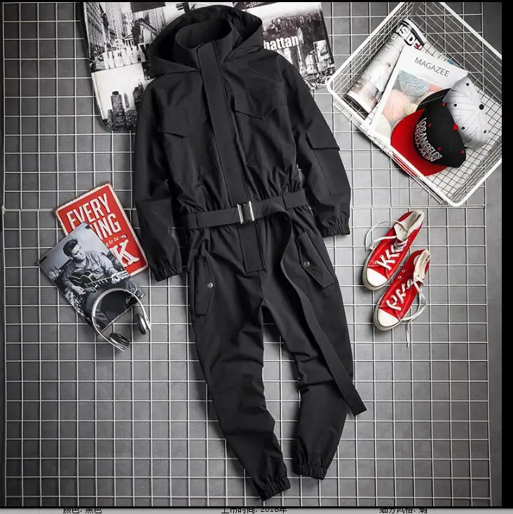 

2019 autumn and winter hip hop hooded jumpsuit Japanese men retro trend jumpsuits men's fashion tooling jumpsuit