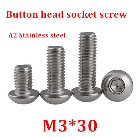 100 шт./лот M3 * 30 болт A2-70 ISO7380 Кнопка головка винт/болт SUS304 нержавеющая сталь M3X30mm |