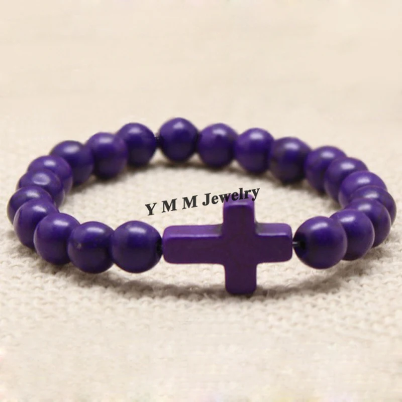 

Fashion 8mm Purple Color Stone Cross Bracelet 12pcs/Lot For Promotion Gift