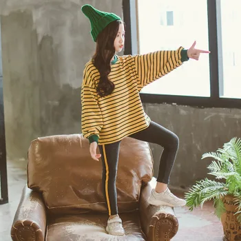 

2018 autumn fall long sleeve striped t-shirt +leggings sets 2 pieces fashion 13 14 years old