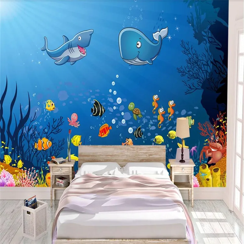 

Custom wallpaper hand-painted underwater world children's room background wall decoration waterproof material