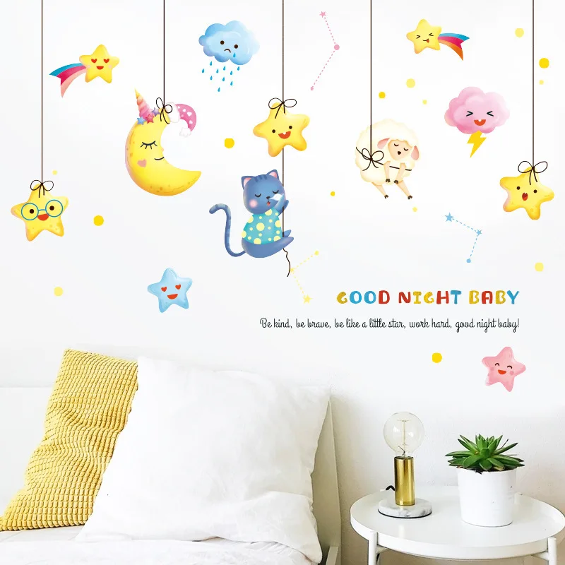 Мультфильм луна звезды настенные наклейки для детской комнаты кошка овца Детская комната украшения домашние украшения с животными художественные стикеры Muraux