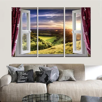 

3 Pieces Drop Shipping Nordic Poster Window View Landscape Canvas Wall Art modular picturess for Living Room Home Decoration Unf