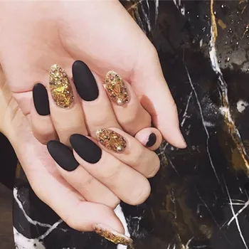 

Beauty Girls Nail Art False Nails with Glue Short Size with Gold Sequins Glitter Black Frosted Matte False Nail artificial nails