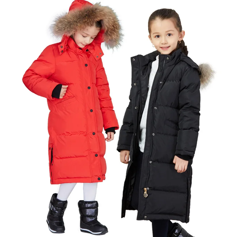 X Long Winter Down Coat Kids Girls Outfit Big True Fur Collar Thicken ...