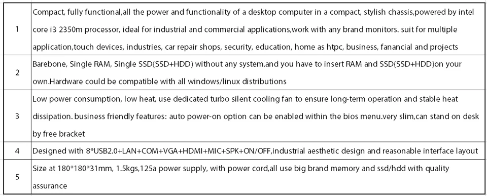 Мини ПК, настольный компьютер, черный, Intel Core I3 2350 M, Windows 10/Ubuntu, [HUNSN BH08SL],(COM/VGA/HD/LAN/8USB2. 0/Fan