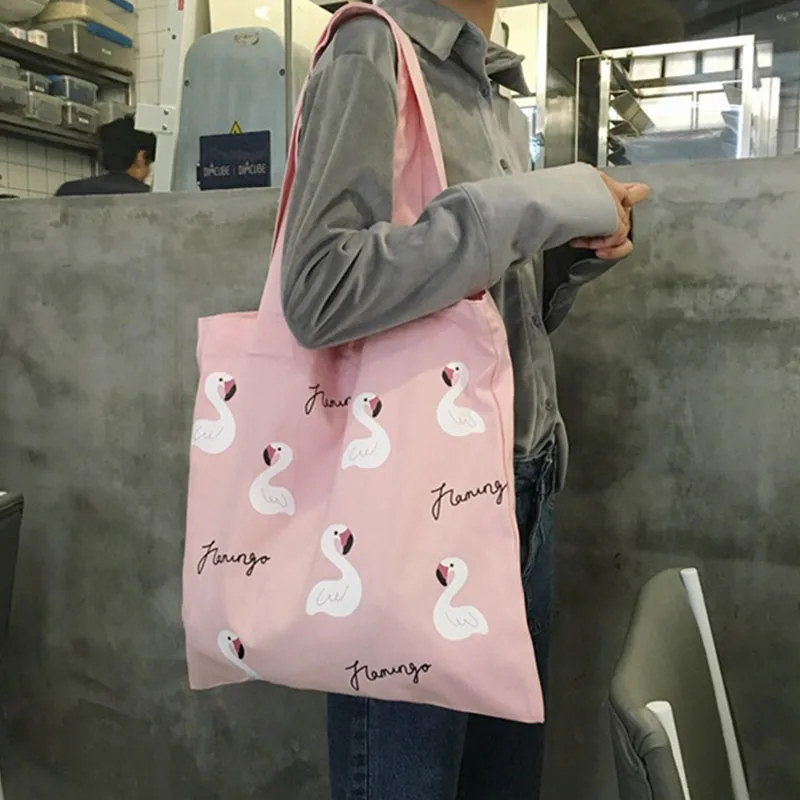 

Women Casual Shoulder Bag Cartoon Flamingo Printing Magnetic Buckle Handbag Shopping Canvas Bags -OPK