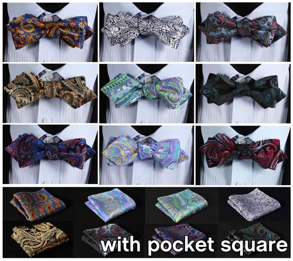  Paisley Floral Silk Woven Men Wedding Butterfly Pocket Square Diamond Point Tip Bow Tie Hanky Self 