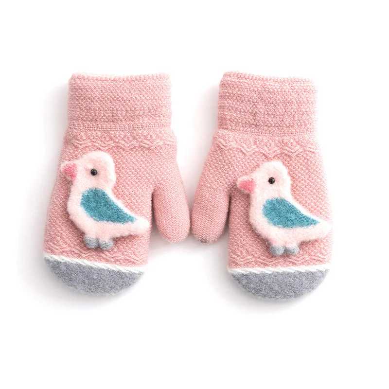 Вязаные перчатки с длинными пальцами и рисунком маленькой птицы, теплые детские варежки для девочек и мальчиков от 1 до 4 лет, зимние уличные перчатки для детей