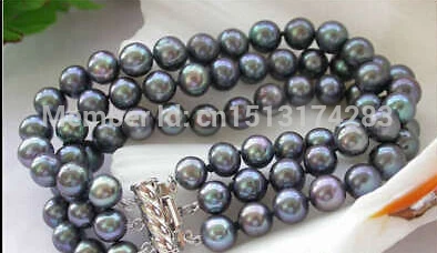 

Free Shipping>>>3ROW 9MM BLACK ROUND FRESHWATER CULTURED PEARL BRACELET