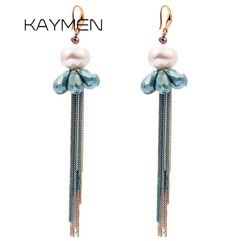 

New Arrival Fashion Handmade Long Tassels Earrings Luxury Crystal Freshwater Pearl Earrings for Women Party Statement Earrings