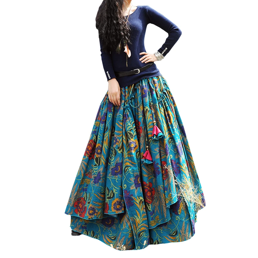 

Hot Sale Fashion Print Long Linen Skirts Long Ruffled Skirt