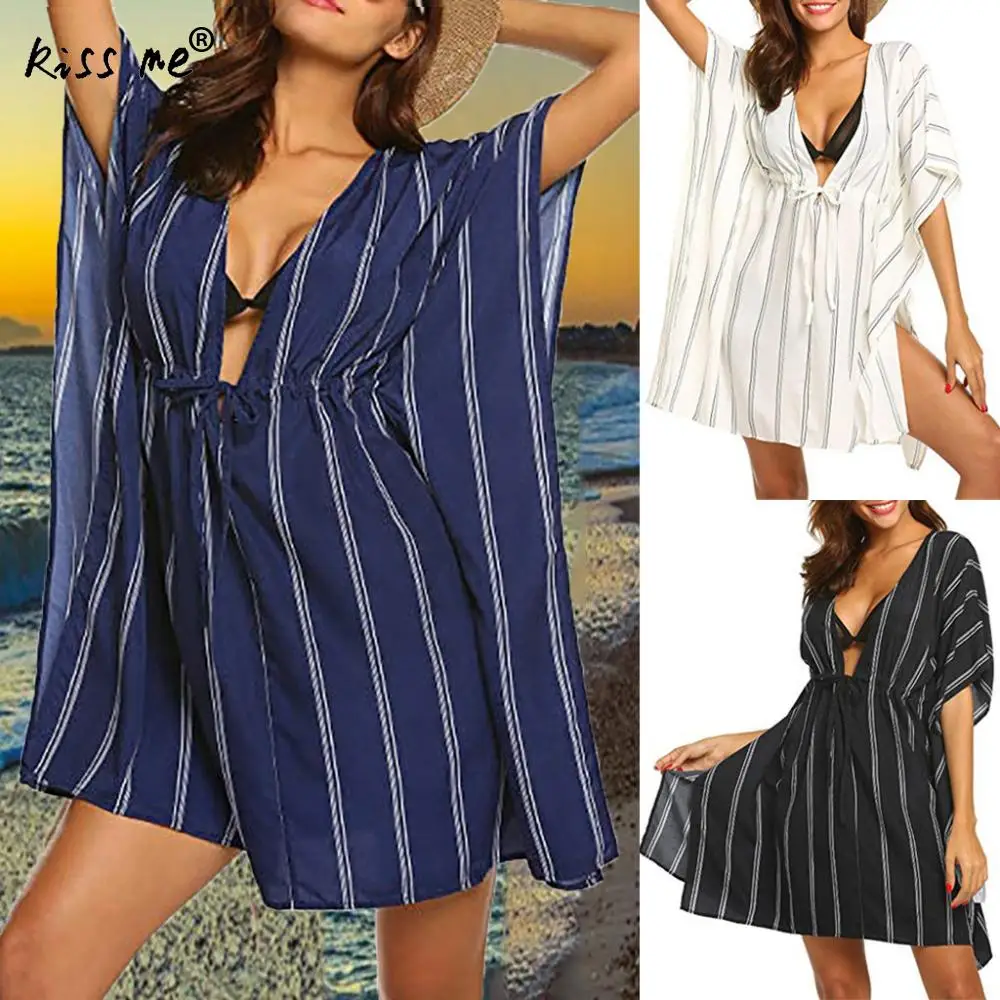 

Loose Striped Beach Dress Sexy Bikini Cover Up Tummy Control Drawstring Short Beach Dress Deep V Sarong Tunic Women Beach Wear