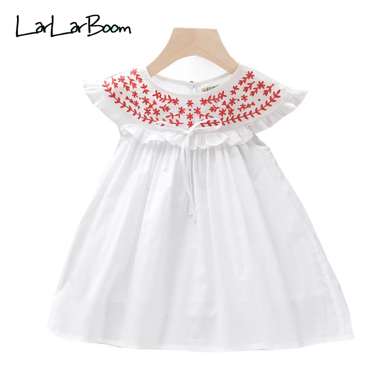

LarLarBoom Girls Dress Floral Embroidery Kids Dresses for Girl Summer Sleeveless Cotton Children's Clothing Ruffles Baby Dress