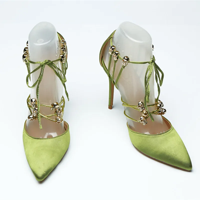 

Silk Leather Velvet Pointed-toe Pumps Designer Shoes Women Metal Skull Luxury Green Bridal Shoes Lace Up 12CM Super High Heels