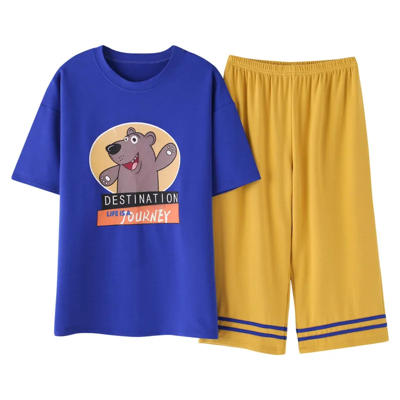 

pajamas women cotton pyjama set five-point sleeve T-shirt+cropped trousers 2 pcs print lounge wear sports suit loose plus size