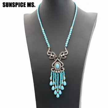 

New Bohemia Vintage Natural Stone Tassels Necklace For Women Turkish Antique Bronze Bead Jewlery Long Choker 2018 Drop Shipping