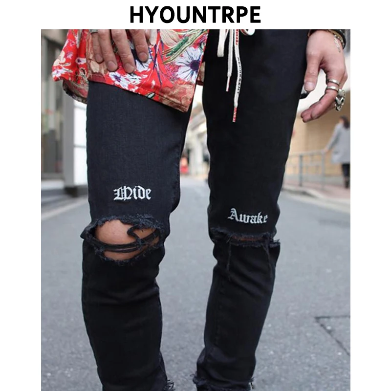 Kaufen Stickerei Knie Ripped Loch Jeans Für Männer Hip Hop Dünne Biker Zerstört Geklebt Jeans Slim Fit Schwarz Denim Hosen 2018 neue Jogger
