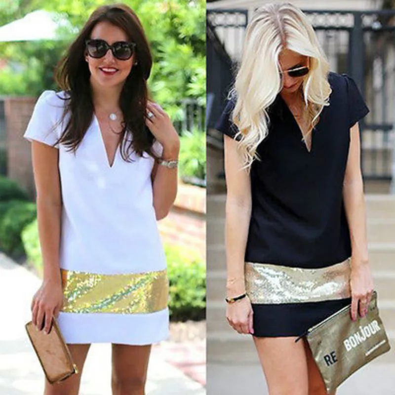 Sexy font b Women b font Summer Casual Short Sleeve Sequined font b Dress b font