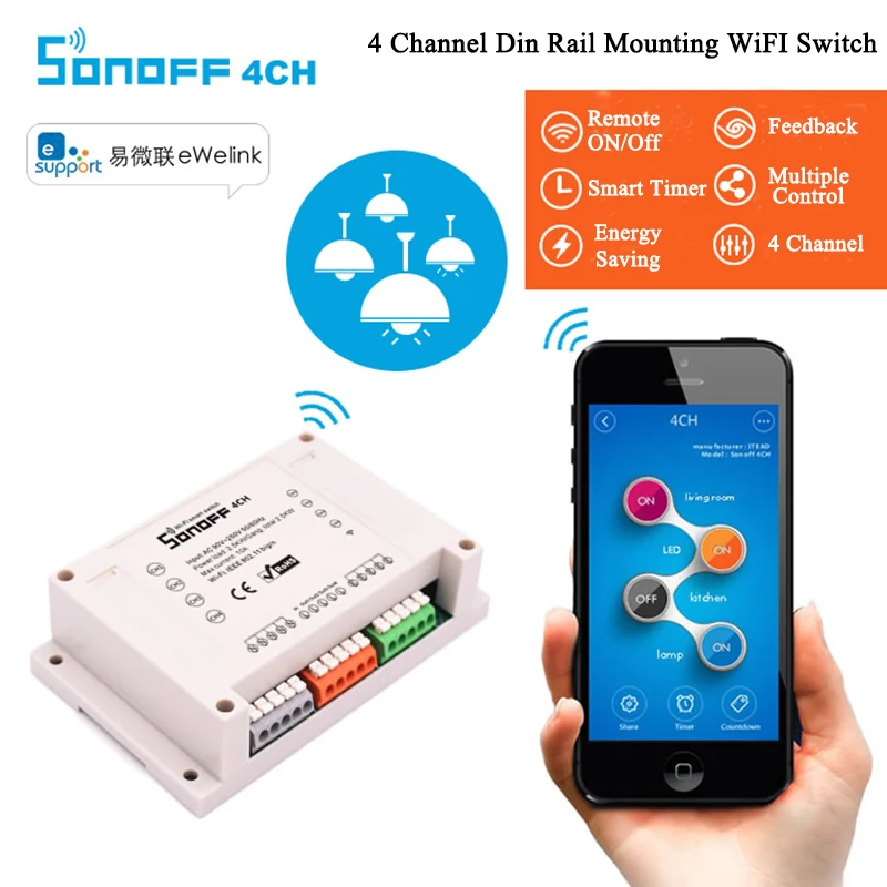 

Sonoff 4CH Smart WiFi Switch 4-Gang Wireless Switches Din Rail Mounting Home Automation on/off Phone remote control 10A/2200W