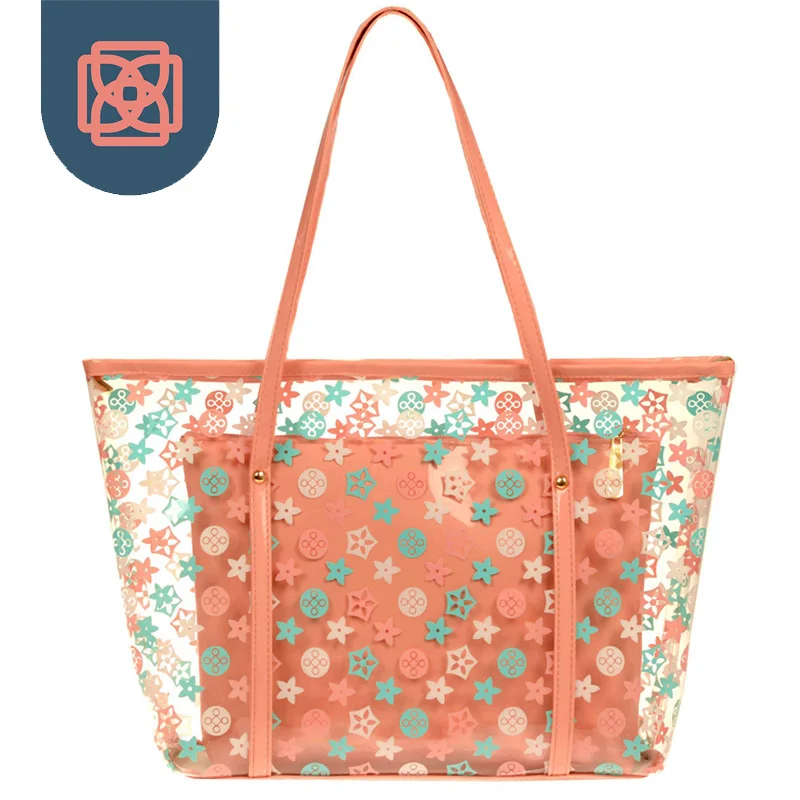 Fashion Women Tote Composite Bag 2017 Summer Pvc Clear Peach Woman Printing Flower Handbags Designer Candy Color Tote Bag See Through Shoulder Bags Clear Transparent
