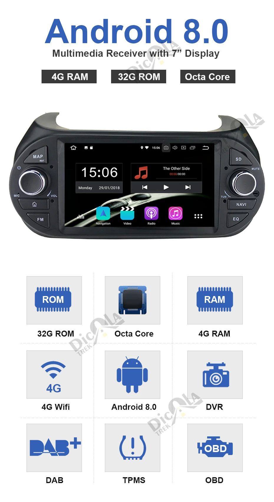 Discount 7" HD  Android 8.0 Car Radio Car Multimedia player GPS DVD For FIAT Fiorino Qubo Citroen Nemo Peugeot Bipper autoradio wifi 3