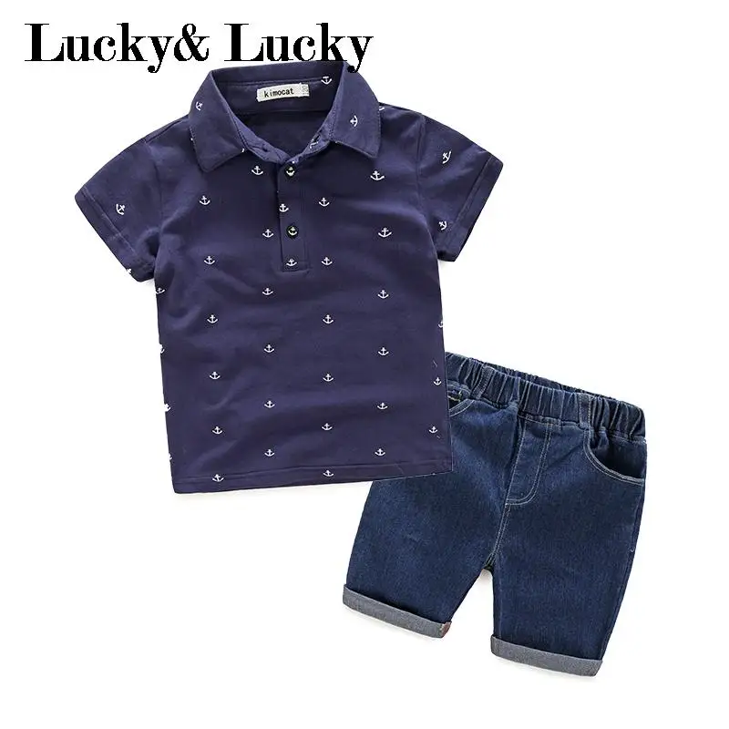 Kimocat/детская одежда, рубашка поло с рукавами+ джинсовые шорты, комплект одежды для мальчиков