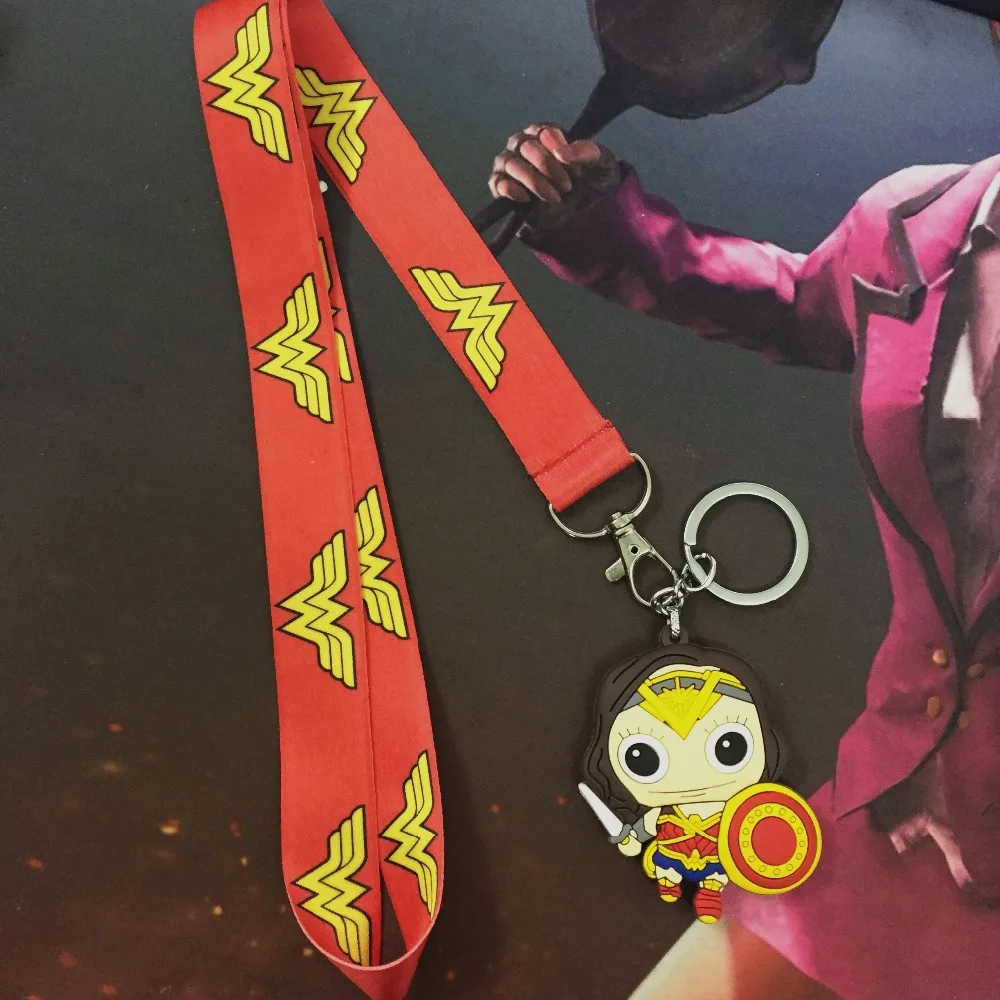 

Wonder Woman lanyard neck strap ID badge with pvc keychain pendant Figures keyrings pvc rubber pendant cosplay gift