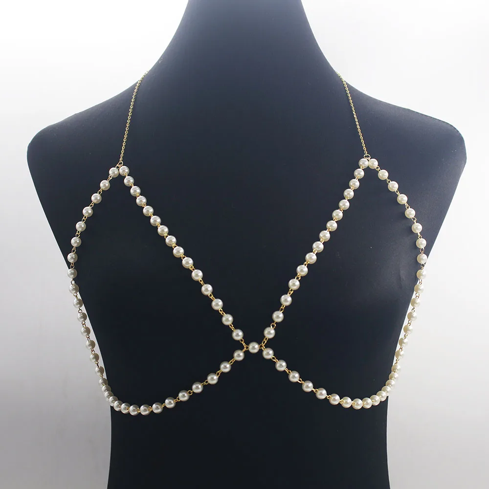 

New Pearl Bra Chain Beach Jewelry Gold Silver white pearl Bra Chest Harness Bikini Body Chain Jewellery