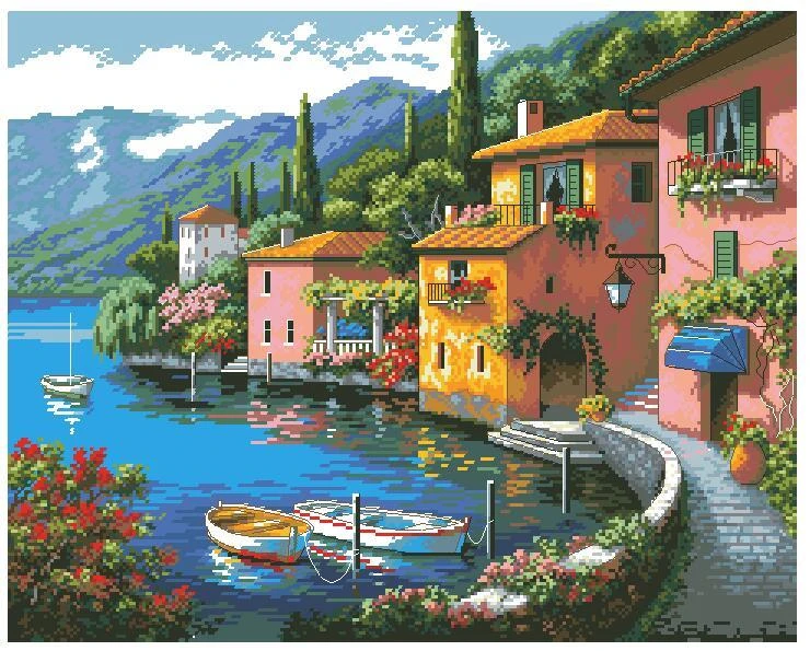 Benway Counted Cross Stitch Seaside with Boat House Trees and Mountain 14 Count 65cm X 53cm