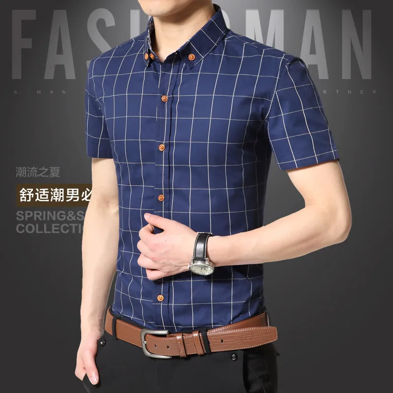 Мужские рубашки, мужские Модные брендовые рубашки с коротким рукавом, Повседневная клетчатая рубашка, облегающие хлопковые рубашки 5XL