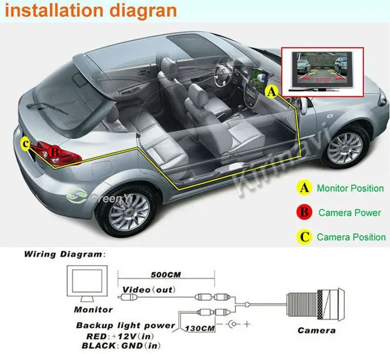 KiriNavi 12V Противоударная универсальная HD Водонепроницаемая камера заднего вида для парковки заднего вида