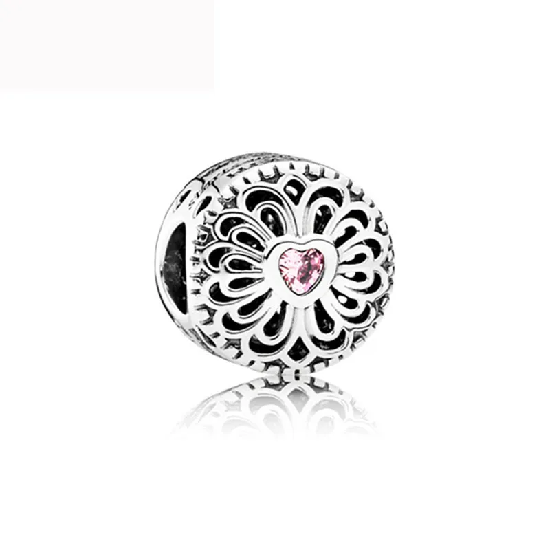 

free shipping 1pc christmas gift round flower with pink heart bead charms Fits European Pandora Charm Bracelets A654