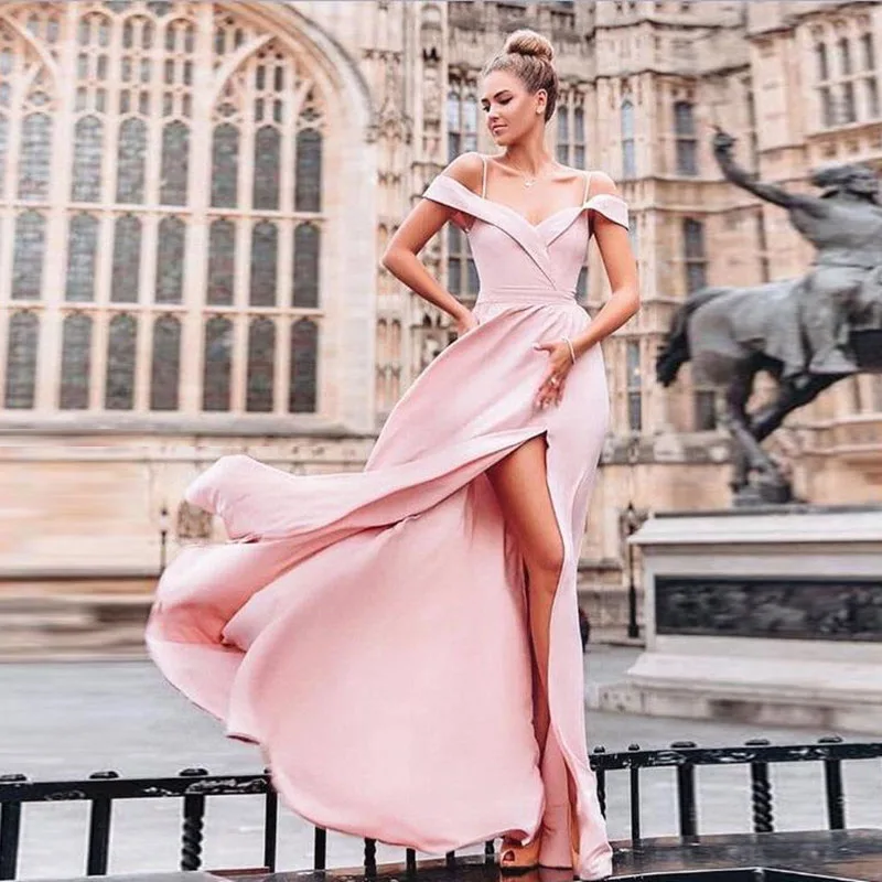 

Fashion Long Pink Evening Formal Dress With High Split Elegant A-line Women Off Shoulder Special Occasion 2019 Prom Gowns