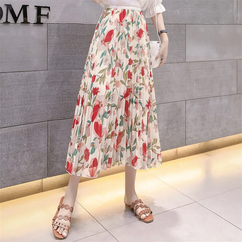 Женские юбки макси с цветочным принтом, эластичная высокая талия, модное пляжное Бохо нарядное платье, плиссированные юбки, одежда с цветами