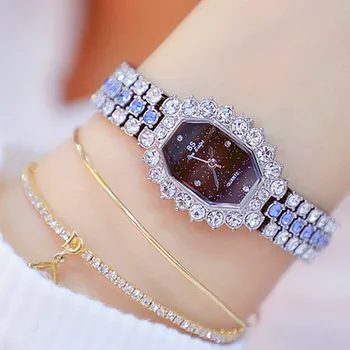 

New hot sale polygon watch chain watch ladies custom no digital rhinestone scale blue green rose color watch gift Fashion&Casual