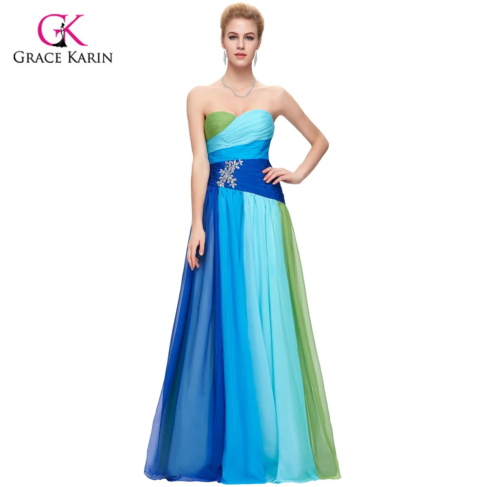 2018 Grace Karin Colorful Blue Green/Red Chiffon Long Evening Dresses