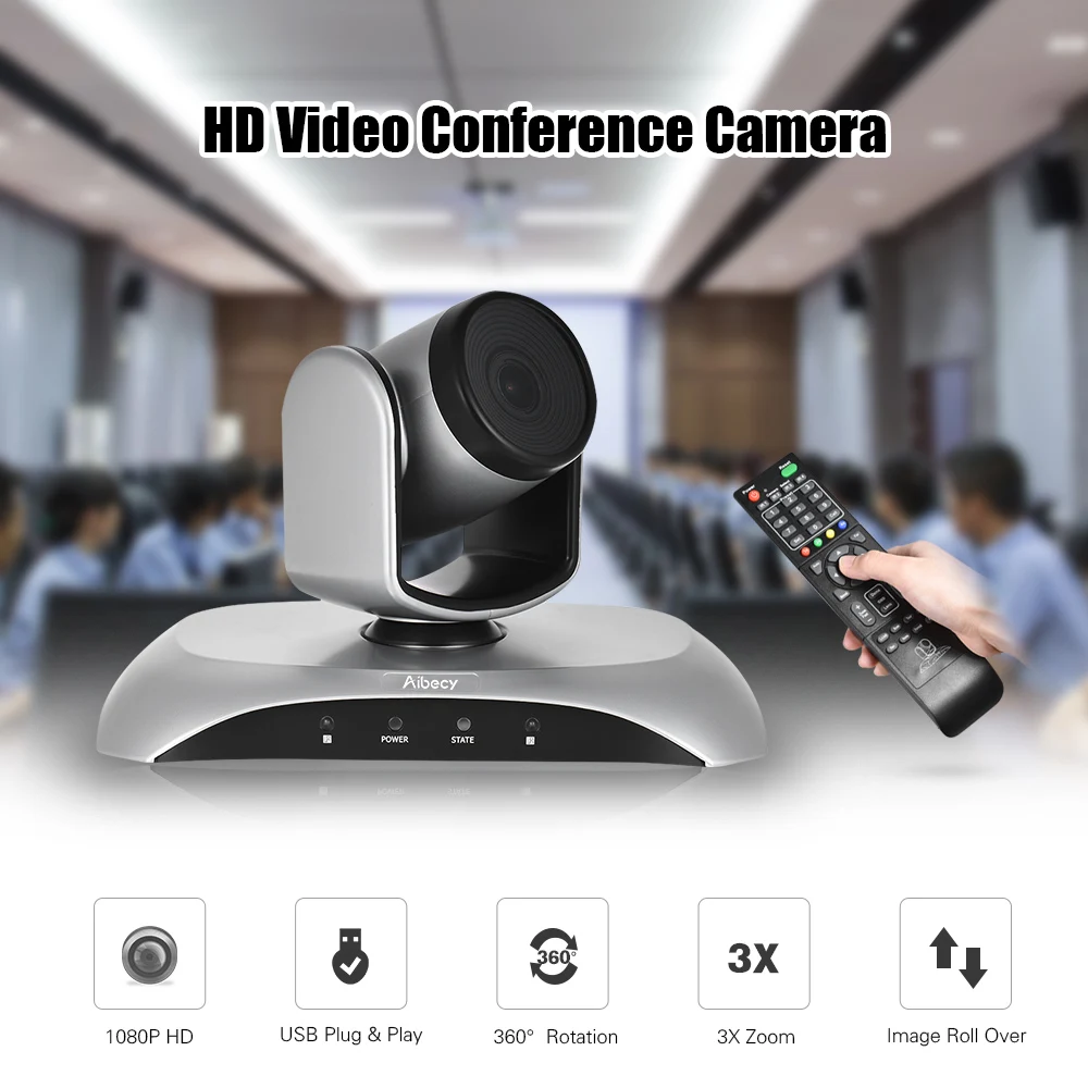 Aibecy 1080P HD Конференц камера USB 3X Zoom 360D Вращающийся адаптер питания с дистанционным