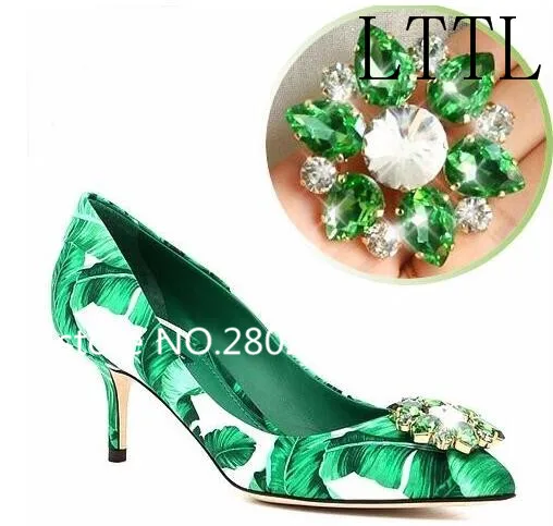 Hot Sale Green Leaves Bling Crystal Decoration Med Thin Heels Fashion Shallow Women Party Dress Shoes Sexy Spring Autumn Pumps