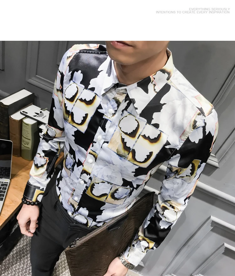 Англия 2019 рубашка с цветочным принтом Мужская Повседневная приталенная рубашка с длинным рукавом Camisa Social Masculina ночной клуб Мужская Уличная