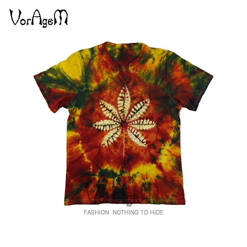

VORAGEM Men's Fashion Handmade Tie Dye T-shirt Original Manual Maple Leaf Skateboard Cotton T Shirt Hipster Streetwear Tops