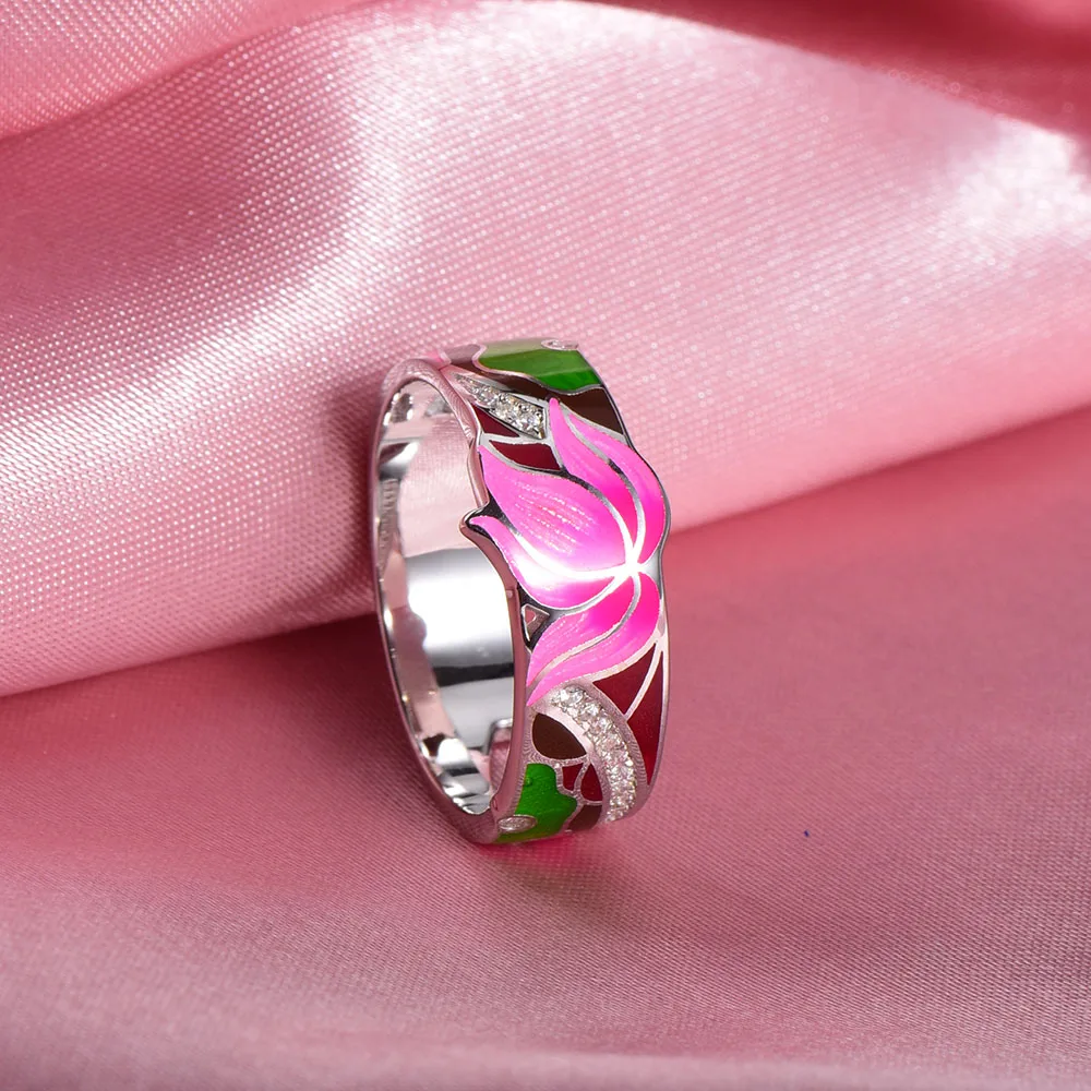 RainMarch Bohemian Enamel Lotus Flower Silver Ring For Women 925 Sterling Silver Ring Engagement Party Handmade