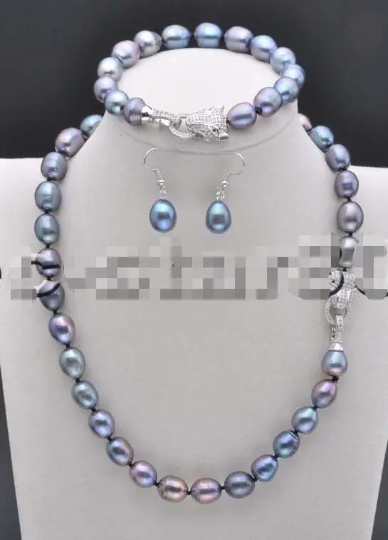 

FREE SHIPPING HOT sell new Style >>>>Set 13mm Peacock-Black Rice Pearl Necklace & Bracelet & Earring Panther