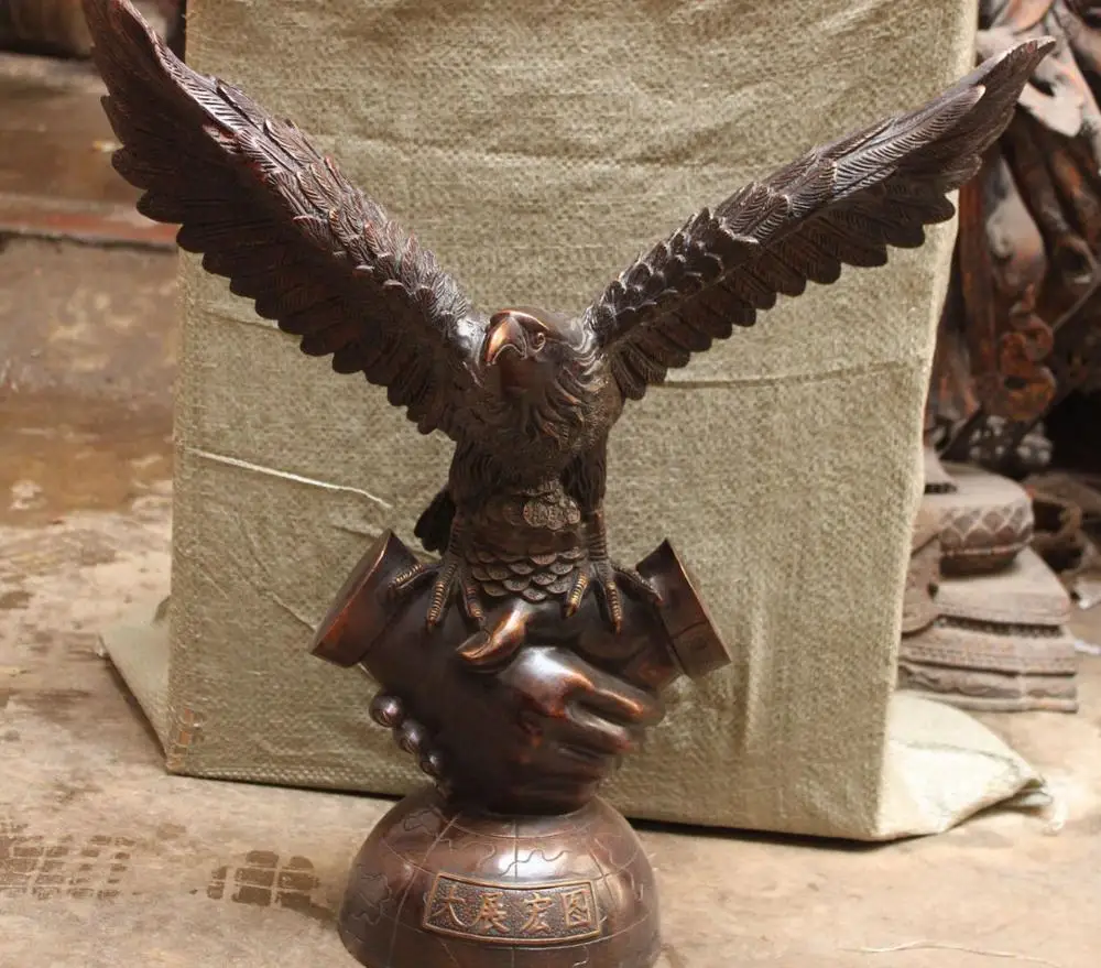 

21"Chinese Bronze Fly Arabia Hawk Eagle Bird Open Wigs On Hand By Hand Sculpture