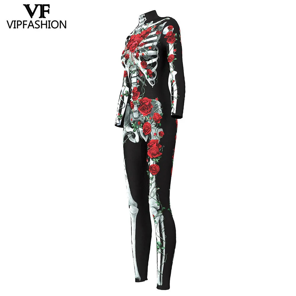 VIP FASHION Skeleton Rose Print Long-Sleeved Clothes Halloween Costumes For Women Purim Carnival Catsuit Bodysuit