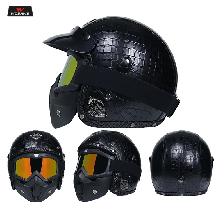 

WOSAWE PU Leather Helmets 3/4 Motorcycle Chopper Bike helmet Open Face Vintage Motorcycle Helmet with Goggle Mask