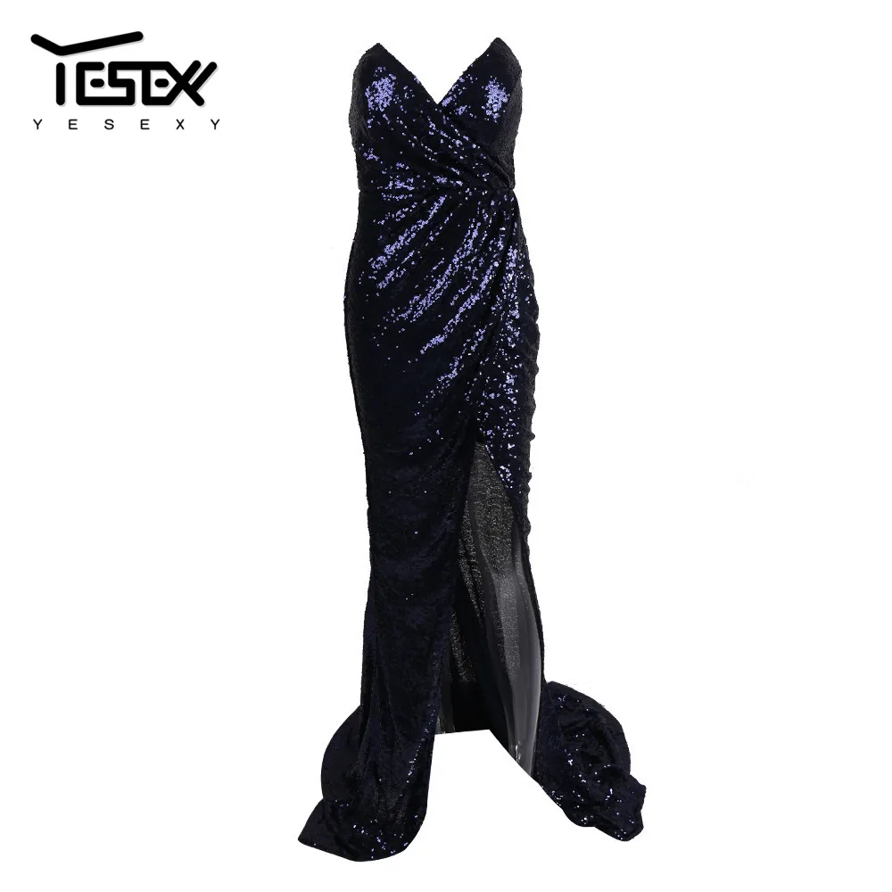 

Yesexy 2019 Sequined Sleeveless Solid Color Women Party Maxi Dress Strapless Floor Length Dress Sexy Club Summer Dress VR8417